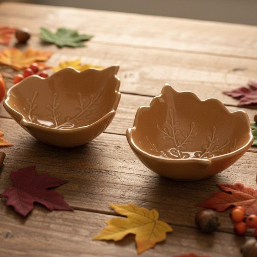 Pier 1 Imports Golden Leaf Footed Bowls, Set of 2, Vintage Yellow Fall Stoneware
